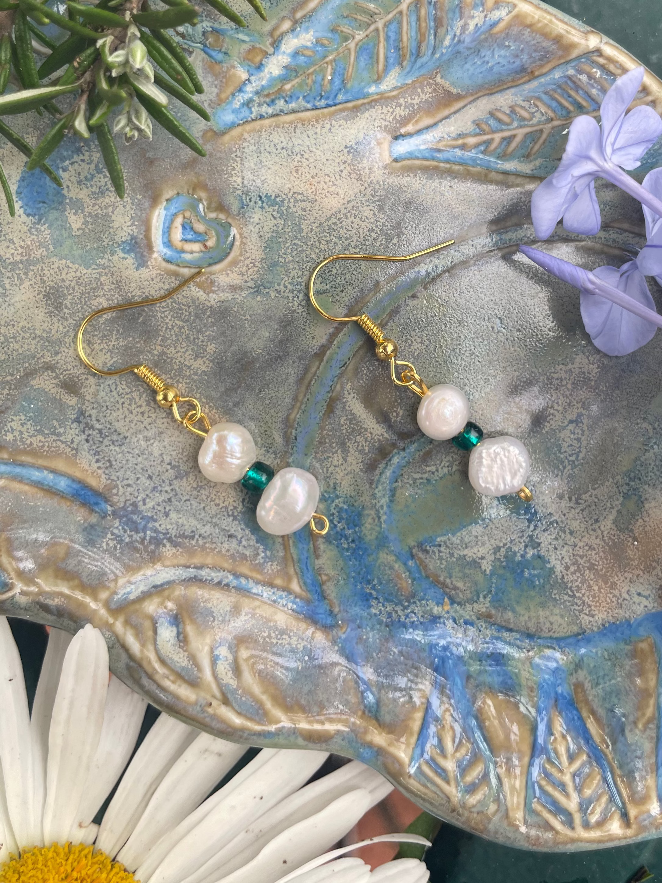 Pearl and Emerald Glass Earrings