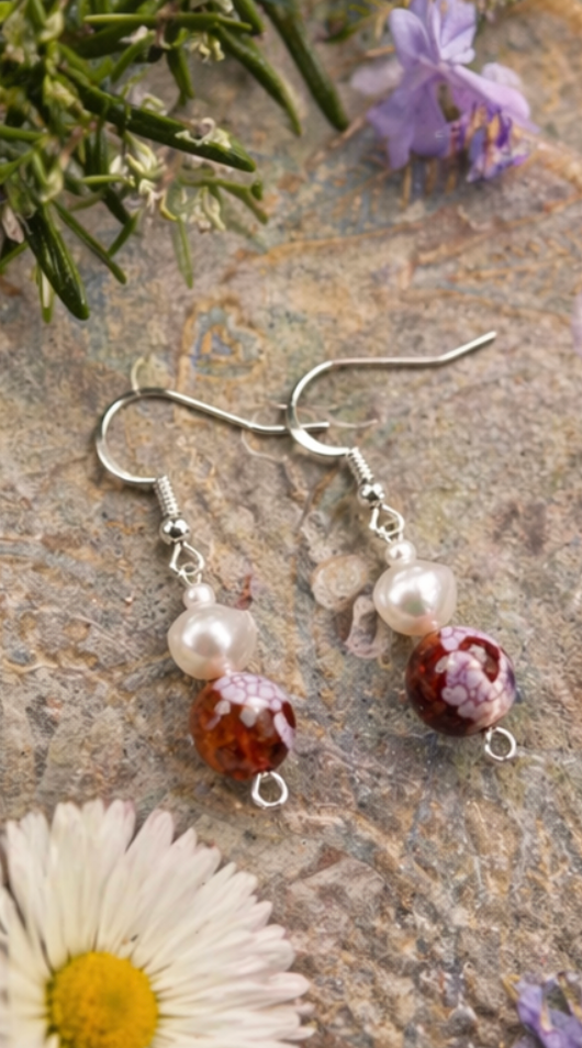 Pearl and Crackle Agate Earrings